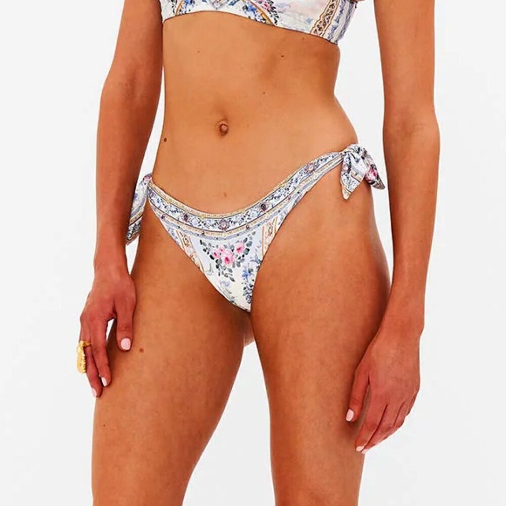 Camilla 'Season Of The Siren' Dip-Front Side-Tie Bikini Bottom, Blue/White Multi